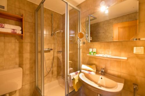 a bathroom with a shower and a sink and a toilet at Schwabenbauernhof-Tradition und Moderne erleben in Ruhpolding