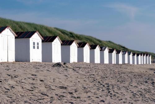 a row of buildings on a beach with a grassy hill at Fletcher Hotel - Restaurant de Cooghen in De Koog