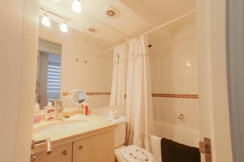 a bathroom with a sink and a toilet and a shower at Apartamento hogareño in Santiago