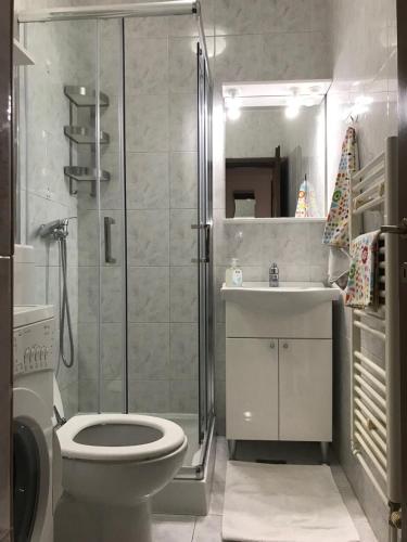 a bathroom with a shower and a toilet and a sink at Apartmani Žužić in Krk