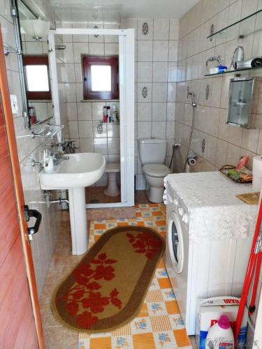 a bathroom with a sink and a washing machine at Liolio's Manor in Agalianós