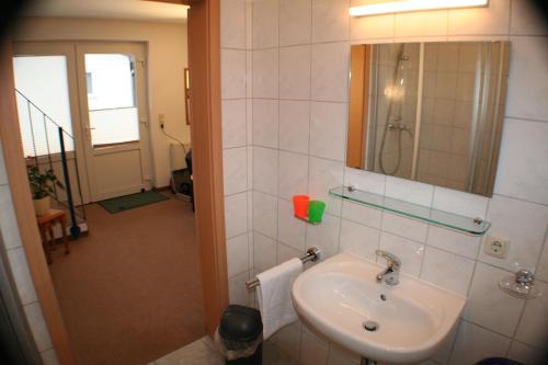 a bathroom with a sink and a mirror at Zum Schlossgarten in Ralswiek