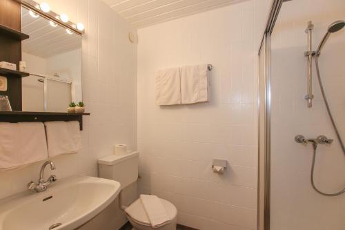 a bathroom with a shower and a toilet and a sink at Gasthof Bärenwirt in Fusch an der Glocknerstraße