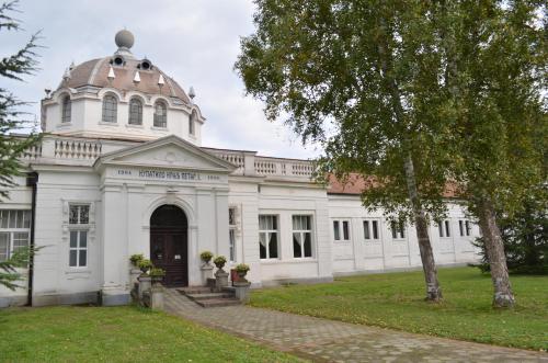 a white building with a dome on top of it at Apartman Ksenija in Banja Koviljača