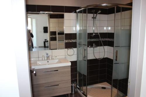 W łazience znajduje się prysznic i umywalka. w obiekcie Les Orangers w mieście Aléria