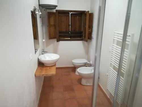 bagno con 2 servizi igienici e lavandino di Mulino La Brusia a Portico di Romagna