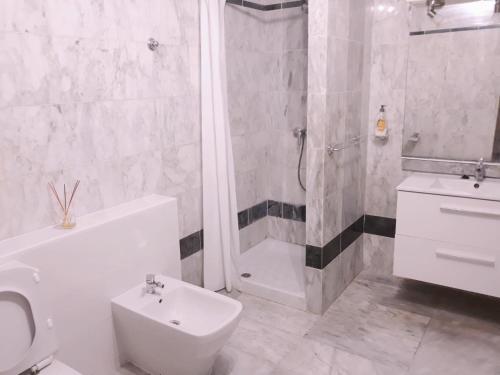 łazienka z prysznicem, toaletą i umywalką w obiekcie Apartamentos Dinastia w mieście Los Cristianos
