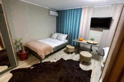 ウラン・ウデにあるHotel Shumakの小さなベッドルーム(ベッド1台、テレビ付)