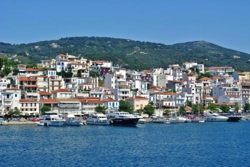 a group of boats are docked in a harbor at Apartments Villa L&M Skiathos in Skiathos Town