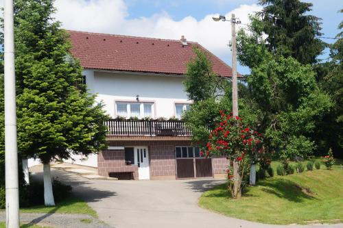 a house with a balcony and red flowers at Apartment Drago in Rakovica