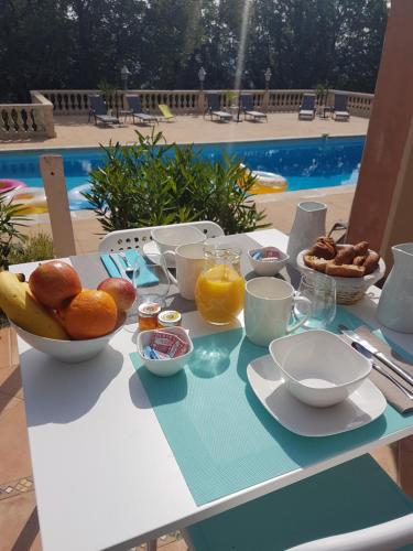 una mesa con desayuno de fruta y zumo junto a la piscina en Villa Manoe, en Draguignan