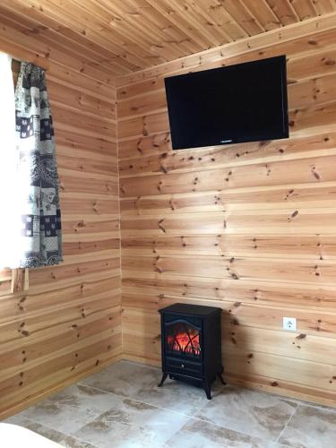 a fireplace in a wooden wall with a tv and a fire at Glückliche Elfen in Sankt Kathrein am Hauenstein