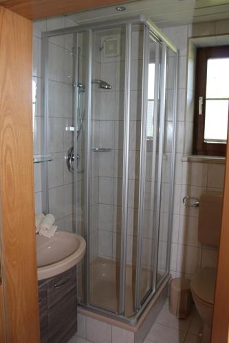 y baño con ducha y lavamanos. en Haus Klaushofer, en Fuschl am See