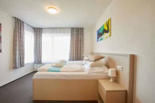 a bedroom with a large bed with a window at Hotel Rakovec in Brno