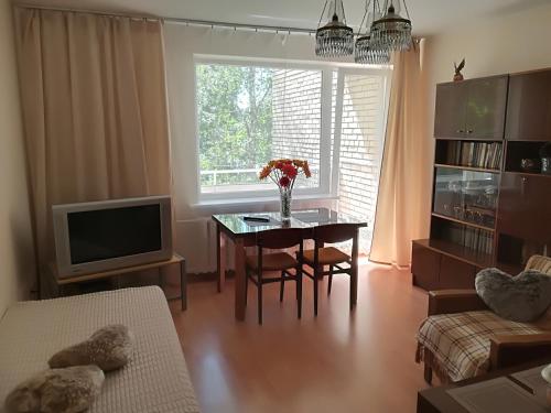 uma sala de estar com uma mesa e uma televisão em Amber apartamentai em Druskininkai