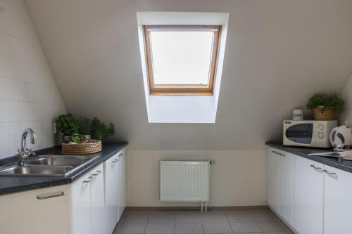 a kitchen with a sink and a window at Vila Les Kralovstvi in Nemojov