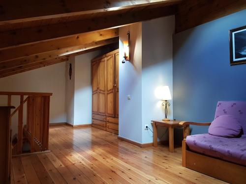 a living room with a purple couch and a wooden floor at Apartaments Cal Noi in Camprodon