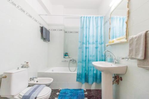 uma casa de banho com uma cortina de chuveiro azul e um WC e lavatório. em Boutique Mare Apart em Volos