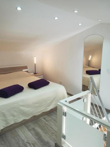a bedroom with two beds and a mirror at Apartments Vrime in Biograd na Moru