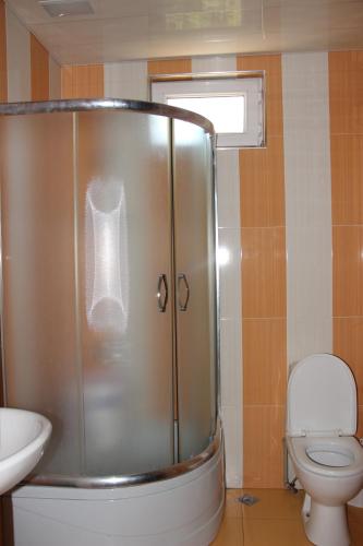 a bathroom with a shower with a toilet and a sink at Yellow House - Vaja in Sarpi