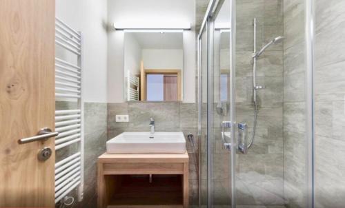 ホラースバッハ・イム・ピンツガウにあるKitzbuheler Alpen Penthouse Hollersbachのバスルーム(シンク、シャワー付)