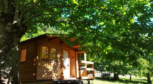 a large wooden cabin with a tree in the back at Camping Camaldoli in Camaldoli