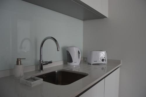 eine Küchentheke mit einer Spüle und einem Toaster in der Unterkunft Vista da Azinheira in Fátima