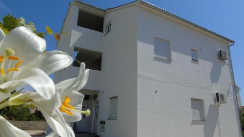 a white building with a white flower in front of it at Apartments Purkovic in Vodice