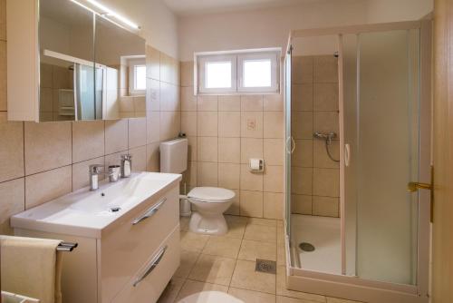 uma casa de banho com um WC, um lavatório e um chuveiro em Apartments Marija & Anton em Malinska