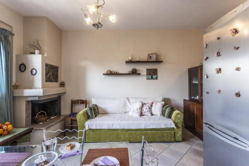 a living room with a couch and a fireplace at Rena's House Afissos in Afissos