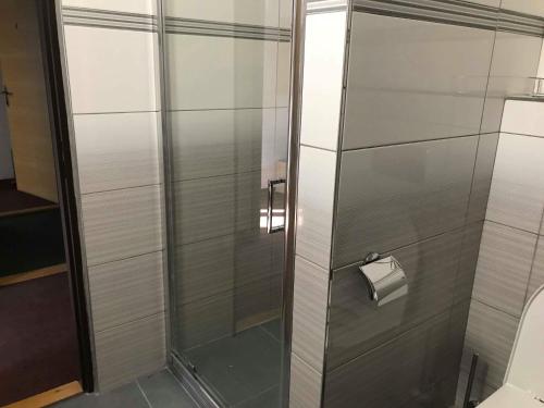 a shower stall with a roll of toilet paper at Penzion Měšťan in Jindrichuv Hradec