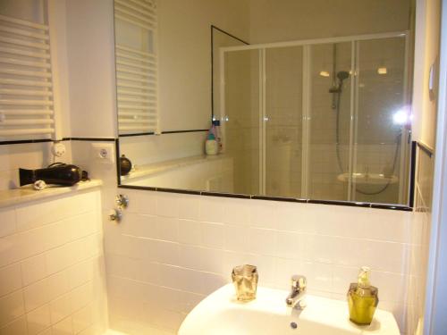 La salle de bains est pourvue d'un lavabo et d'une douche avec un miroir. dans l'établissement B&B Red Horse, à Pise