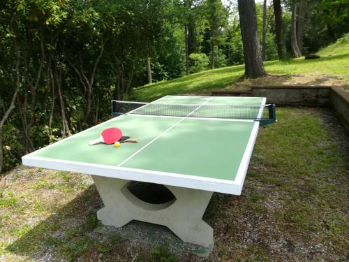 a ping pong table with a tennis racket on it at Agriturismo Le Case di San Vivaldo in Montaione