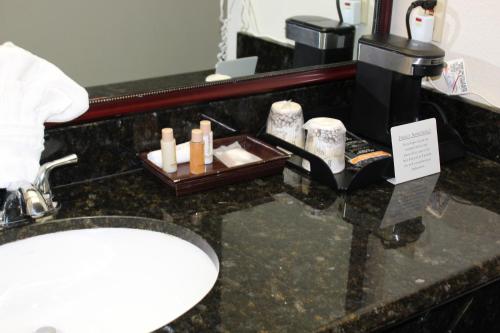 a bathroom counter with a sink and a mirror at O'Cairns Inn and Suites in Lompoc