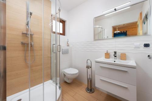 a bathroom with a shower and a toilet and a sink at ALKADO Jastrzebia Gora in Jastrzębia Góra