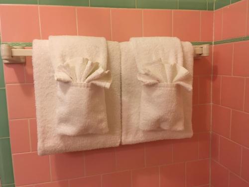 Tres toallas colgando de un estante en un baño. en Sun -N- Sand Motel en Kanab