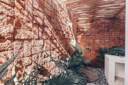 a brick wall with plants in a room at Beyond Bungalows in Canggu