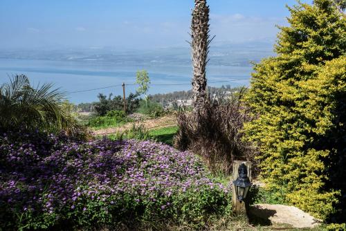 a garden with purple flowers and a view of the water at The White Chalet View in Moshav Ramot
