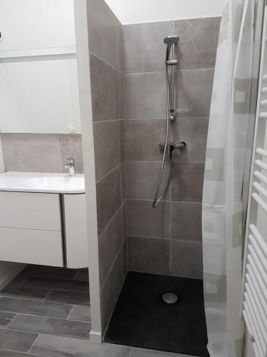 a bathroom with a shower and a sink at Edelweiss in Saint-Guilhem-le-Désert