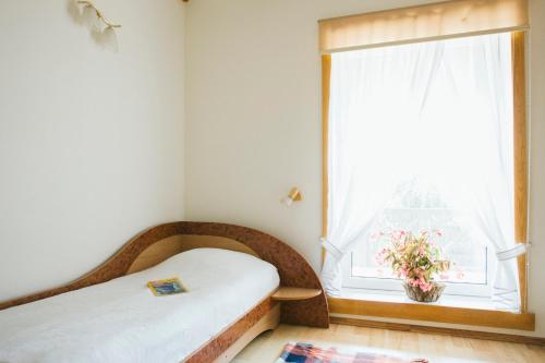 ein Schlafzimmer mit einem Bett und einem Fenster mit einer Pflanze in der Unterkunft Jurodis in Jurbarkas