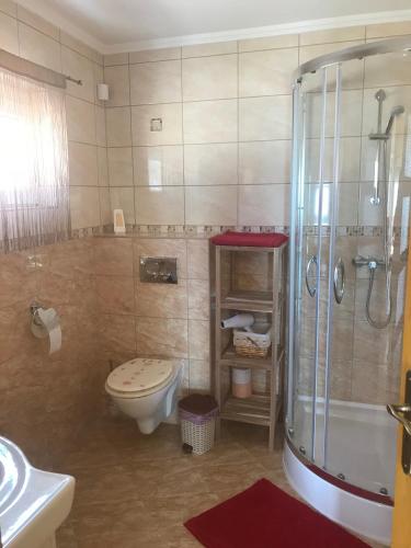 a bathroom with a shower and a toilet and a sink at Kenese Panoráma Apartman in Balatonkenese