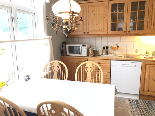 a kitchen with a table with chairs and a microwave at Villa Holmen in Balestrand