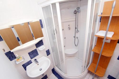 a bathroom with a shower and a toilet and a sink at Apartment house Lalita in Fužine