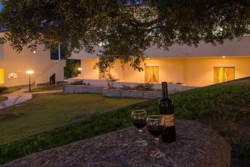 a bottle of wine and two glasses on a table at Caretta Village in Toroni