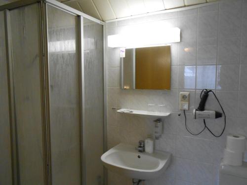 y baño con lavabo, ducha y espejo. en Goldener Engel /Pension, en Görlitz
