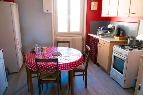 a kitchen with a table with a red table cloth on it at Appartement centre ville Le Puy in Le Puy en Velay