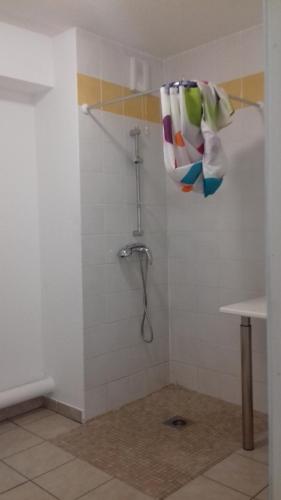 a shower with a shower curtain in a bathroom at Résid'Artel Cadarache - ITER in Saint-Paul-lez-Durance
