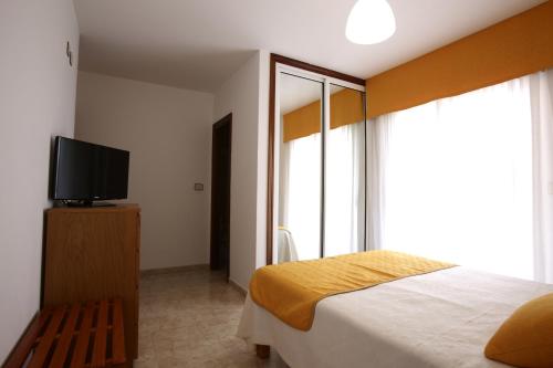 a bedroom with a bed and a flat screen tv at Hostal San Roque in Portonovo