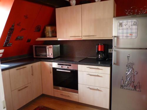 une cuisine avec des armoires blanches et un réfrigérateur en acier inoxydable dans l'établissement La Fabiola, à Colmar