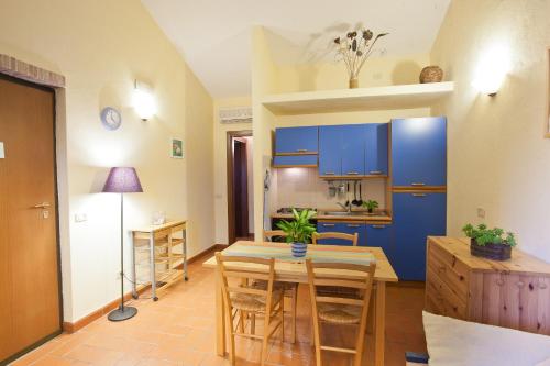 a kitchen with blue cabinets and a table and chairs at Agriturismo Sicomoro in Capalbio